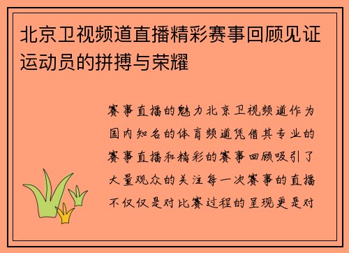 北京卫视频道直播精彩赛事回顾见证运动员的拼搏与荣耀